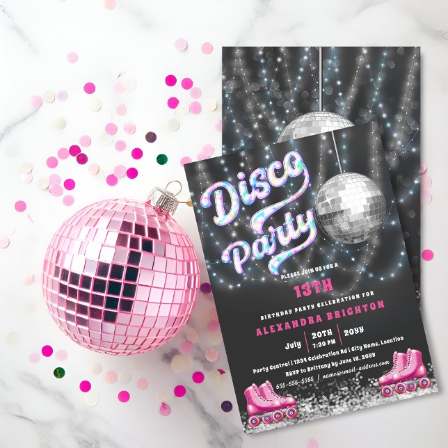 Disco Roller Skating Birthday Party Invitation (Disco roller skating birthday invitation front and back view.)