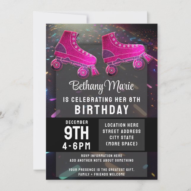 Disco Rollerskating Birthday Glitter Roller Skates Invitation (Front)