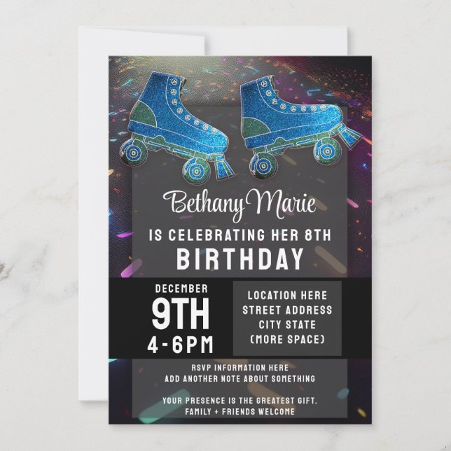 Disco Rollerskating Birthday Glitter Roller Skates Invitation (Front)