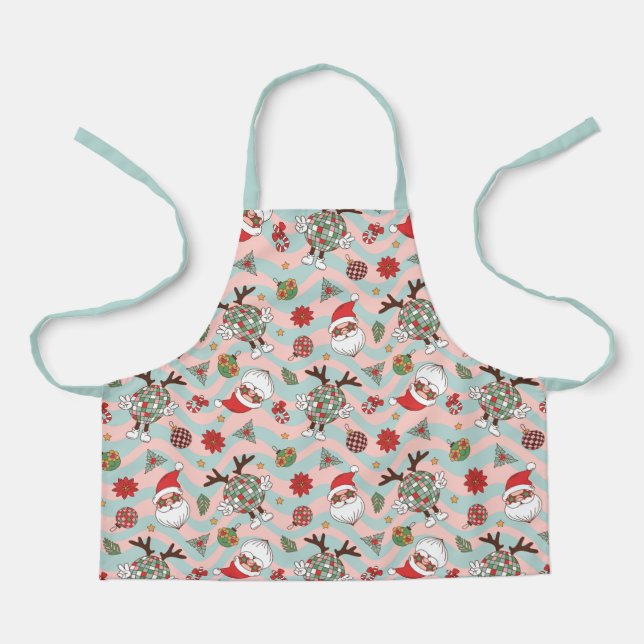 Disco Santa and Reindeer Holiday Pattern Apron (Front)
