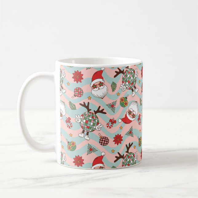 Disco Santa and Reindeer Holiday Pattern Coffee Mug (Left)