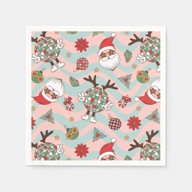 Disco Santa and Reindeer Holiday Pattern Napkin (Front)