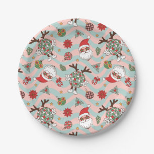 Disco Santa and Reindeer Holiday Pattern Paper Plate