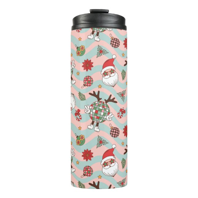 Disco Santa and Reindeer Holiday Pattern Thermal Tumbler (Front)