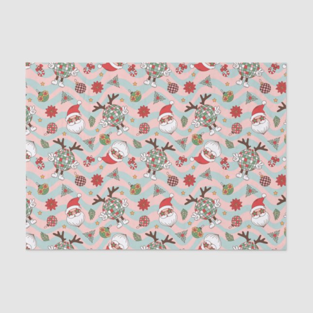 Disco Santa and Reindeer Holiday Pattern Tissue Paper (Front)