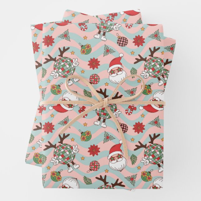 Disco Santa and Reindeer Holiday Pattern Wrapping Paper Sheet (In situ)