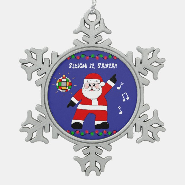 Disco Santa Snowflake Pewter Christmas Ornament (Front)