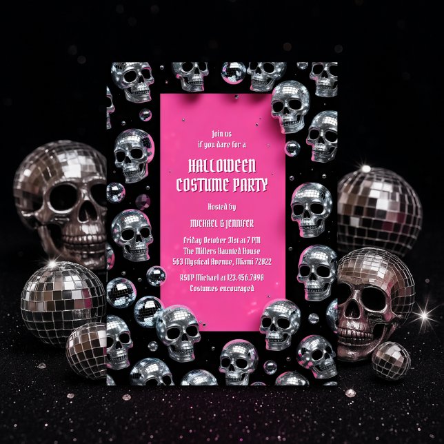 Disco Skull Pink Glam Halloween Costume Party Invitation (Disco Skull Pink Halloween Costume Party – Glam Spooky Chic)