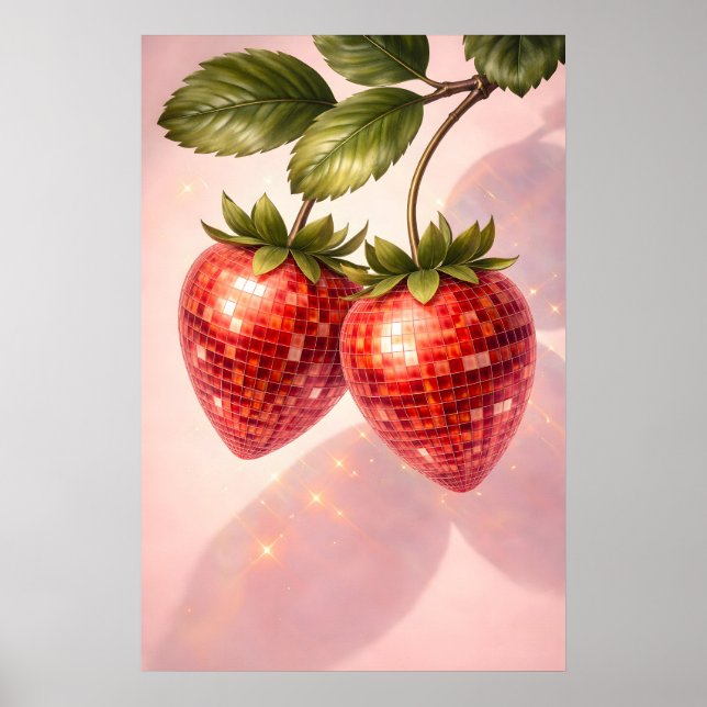 Disco Strawberry Print, Retro Disco Ball Fruit Poster (Front)