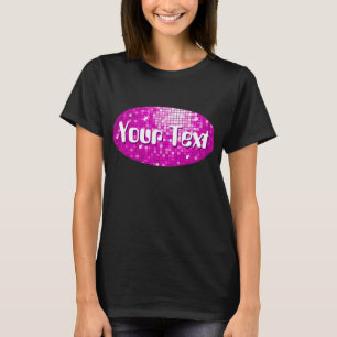 Disco Tiles Pink 'Your Text' oval ladies black T-Shirt