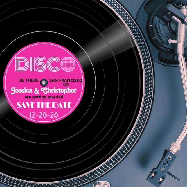 DISCO Vinyl Record - Groovy Purple Label Save The Date (Disco Vinyl Record Style Save the Date)