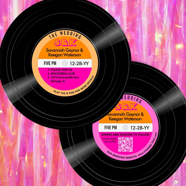 Disco Vinyl Record Pink Orange Stripes Wedding Invitation (Disco Bold Hot Pink and Orange Vinyl record Wedding Invitation)