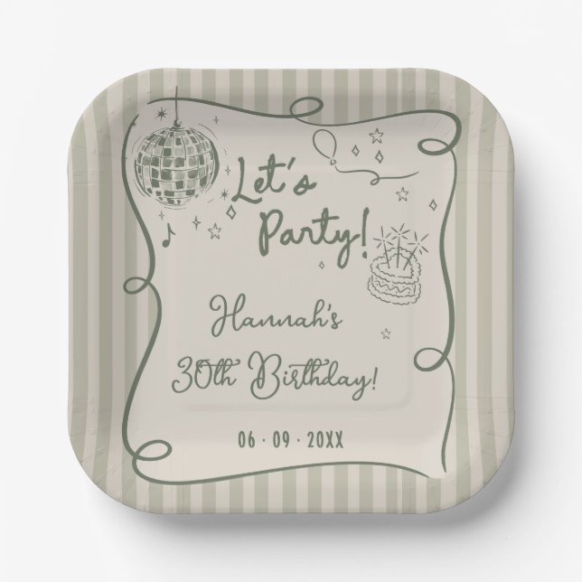 Disco Whimsical Hand Drawn Funky 30th Birthday Paper Plate (Front)