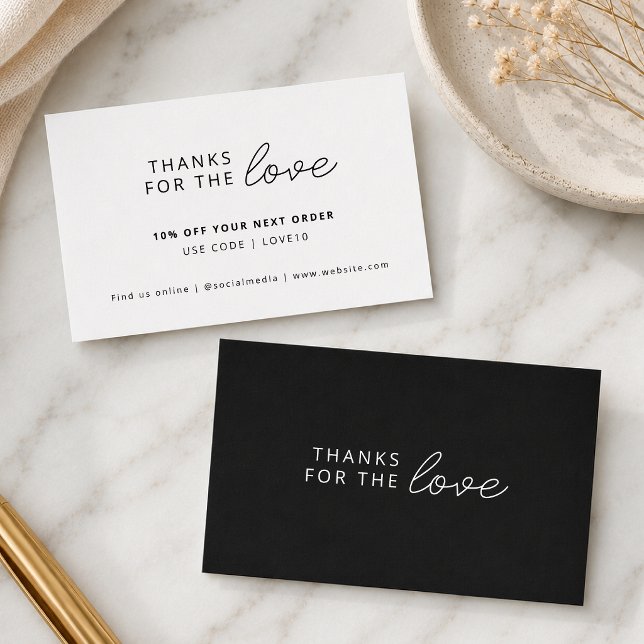 Discount Card | Black Coupon Code Thank You Insert (Black thank you discount card for coupon codes, brand packaging, and reorder offers.)