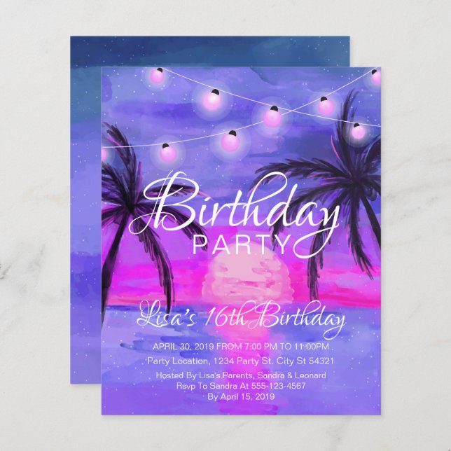 Discount Purple Beach Sunset Birthday Invitations (Front/Back)
