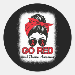 Disease Awareness Month Red Ribbon Messy Bun Bleac Classic Round Sticker