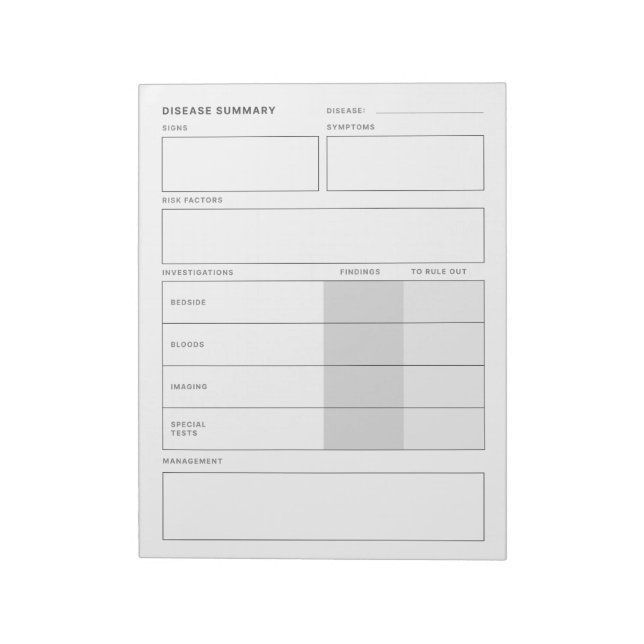 Disease Summary Medical Nursing Student Post-it No Notepad (Rotated)