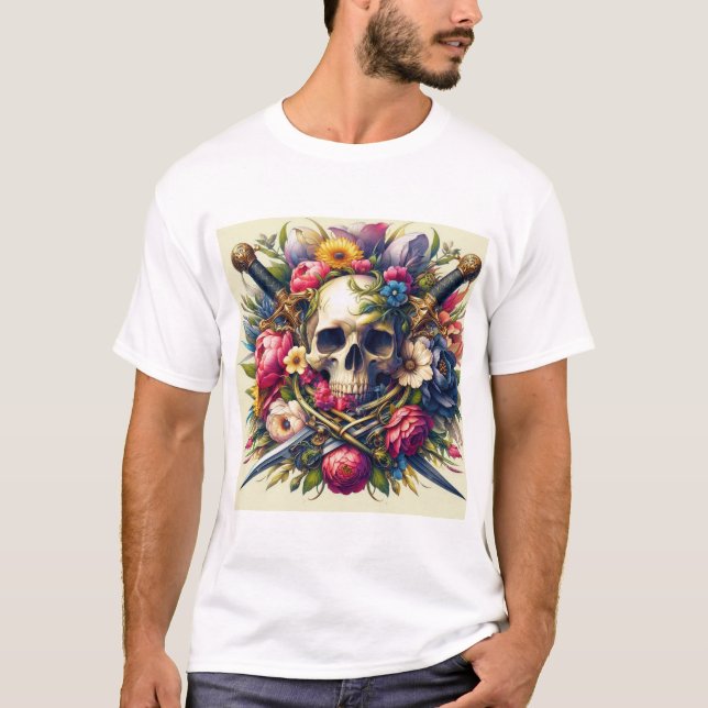 Diseño de Calaveras, Flores y Espadas  T-Shirt (Front)