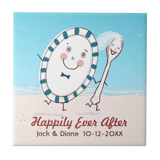 Dish Runs Away with the Spoon Beach Wedding Tile (Front)
