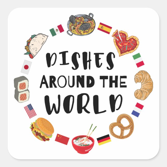 Dishes around the world square sticker (Front)