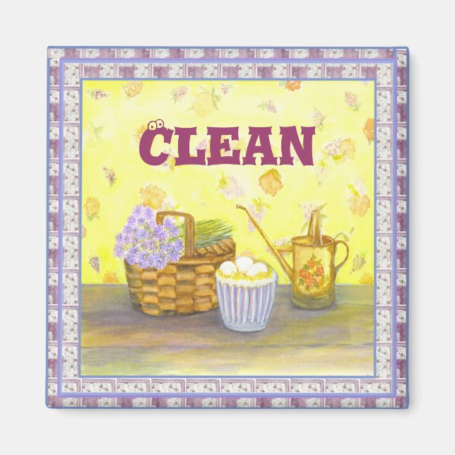 Dishwasher Magnet #1 "Clean" on Eggs & Flowers (Front)