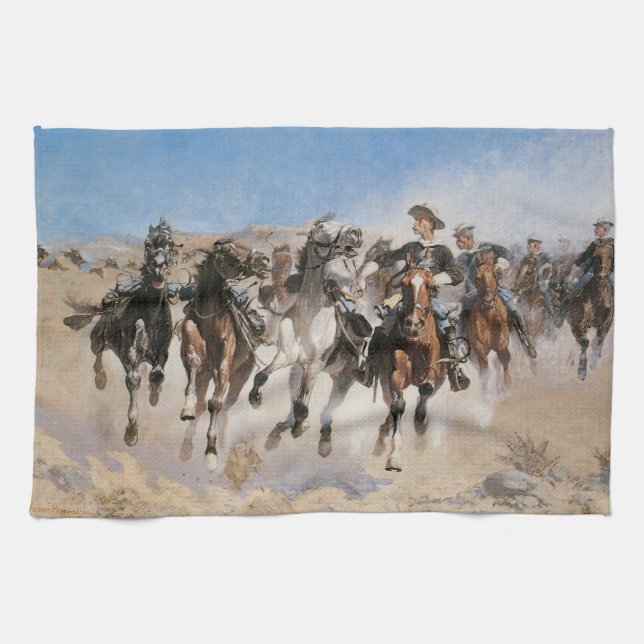 Dismounted by Frederic Remington, Vintage Cowboys Tea Towel (Horizontal)