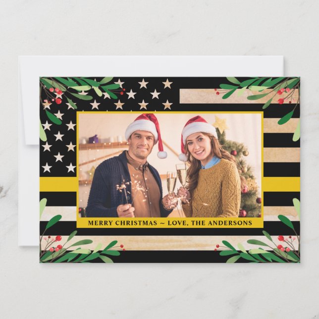 Dispatcher 911 Christmas Custom Photo Gold Flag Holiday Card (Front)