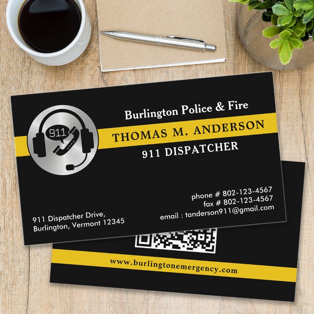 Dispatcher Custom Thin Gold Line 911 Logo QR Code Business Card (Creator Uploaded)