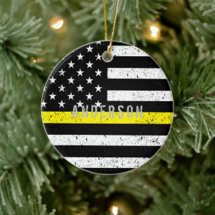 Dispatcher distressed Thin Yellow Line with name Ceramic Ornament