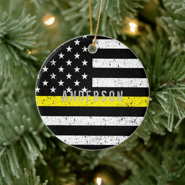 Dispatcher distressed Thin Yellow Line with name Ceramic Ornament (Tree)