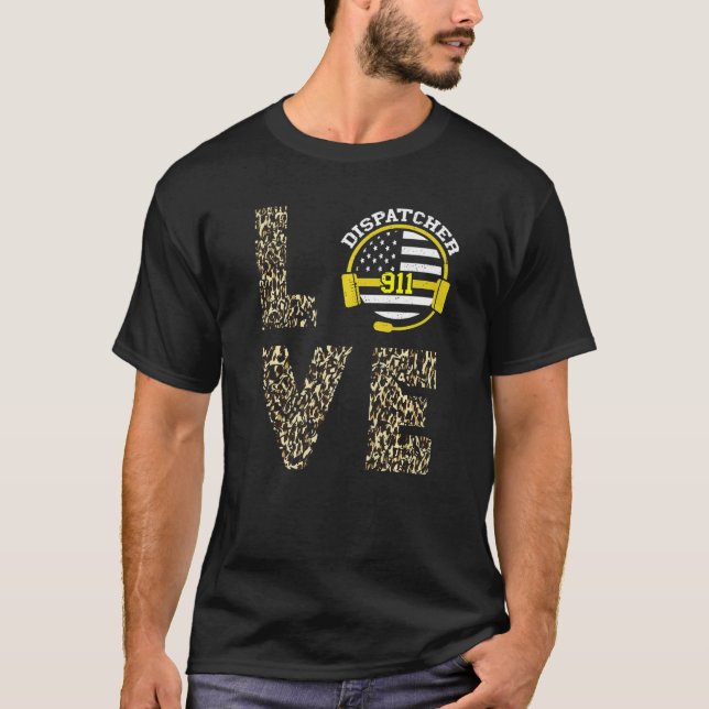 Dispatcher Leopard 911 Operator Thin Yellow Line L T-Shirt (Front)