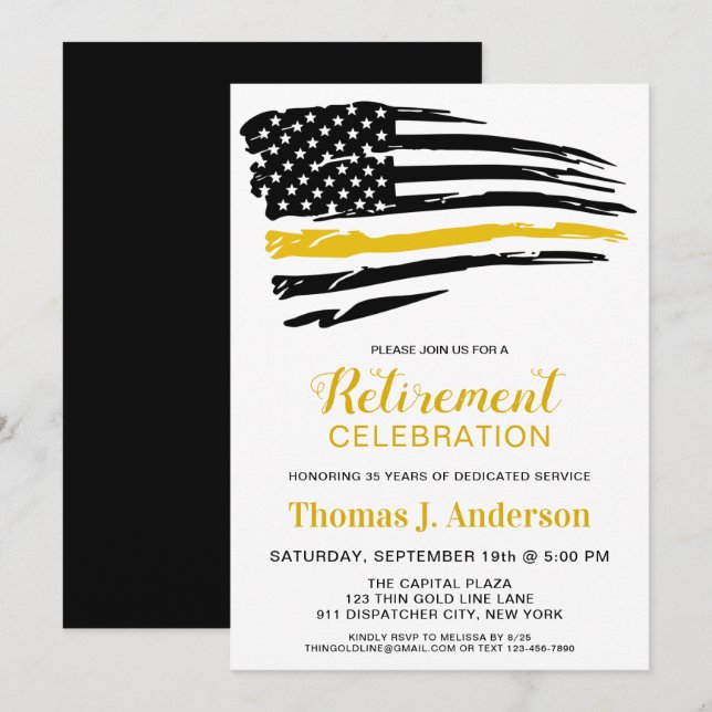 Dispatcher Thin Gold Line Personalised Retirement  Invitation (Front/Back)