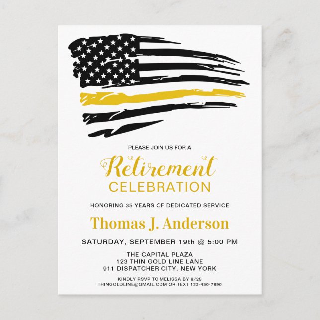Dispatcher Thin Gold Line Personalised Retirement  Invitation Postcard (Front)