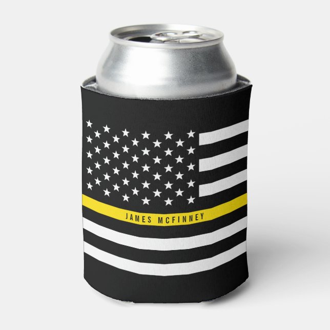 Dispatcher Thin Yellow Line American Flag Monogram Can Cooler (Can Front)