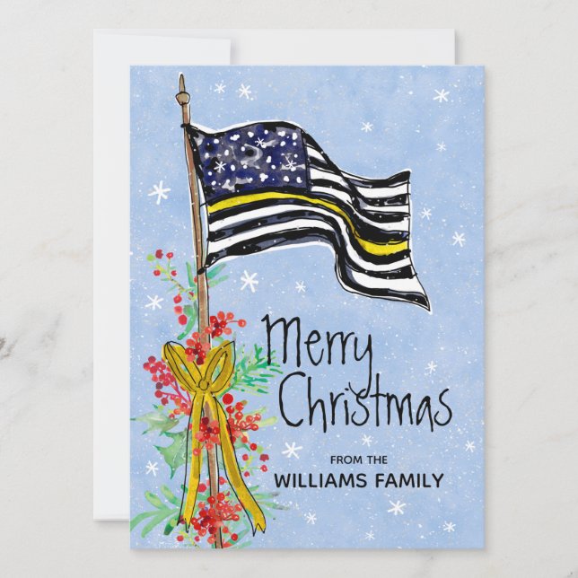 Dispatcher Thin Yellow Line Flag Holly Red Berries Holiday Card (Front)