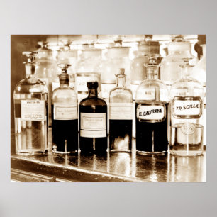 Display of apothecary bottles containing drugs poster