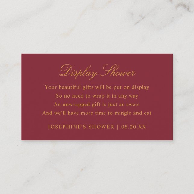 Display Shower Custom Colours Burgundy and Gold Enclosure Card (Front)