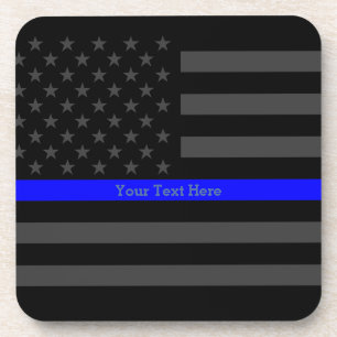 Display Thin Blue Line Personalised Black US Flag Coaster