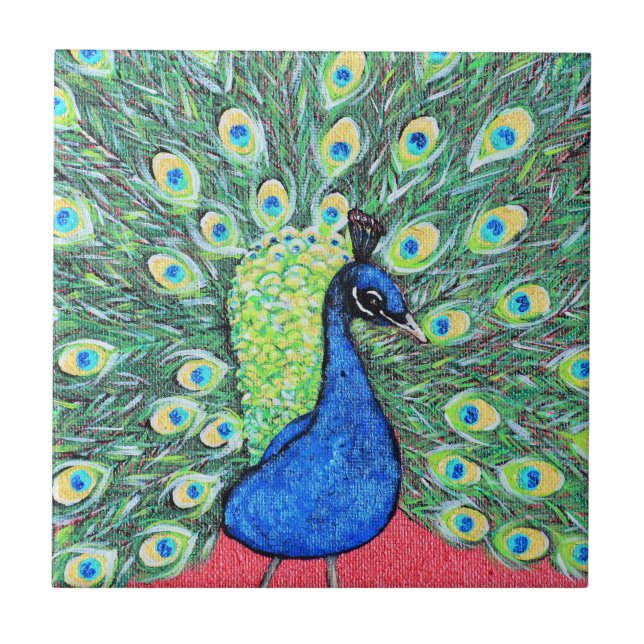 Displaying Peacock Painting Ceramic Tile (Front)