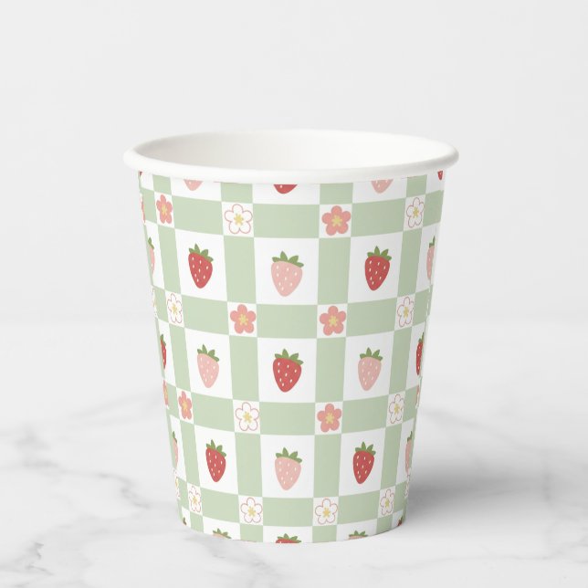Disposable Strawberry Gingham Pastel Green Paper Cups (Front)