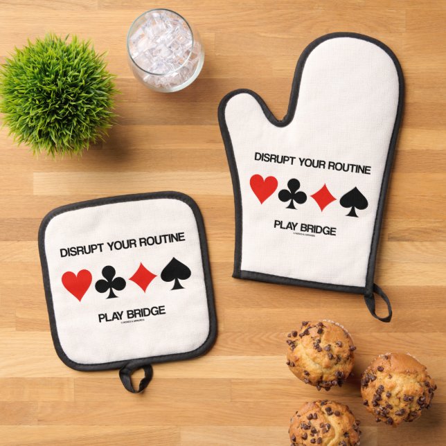 Disrupt Your Routine Play Bridge Four Card Suits Oven Mitt & Pot Holder Set (Top Down)
