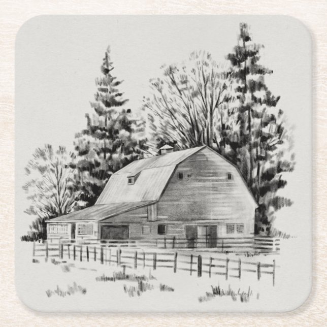 Distant Barn Sketch I Square Paper Coaster (Front)