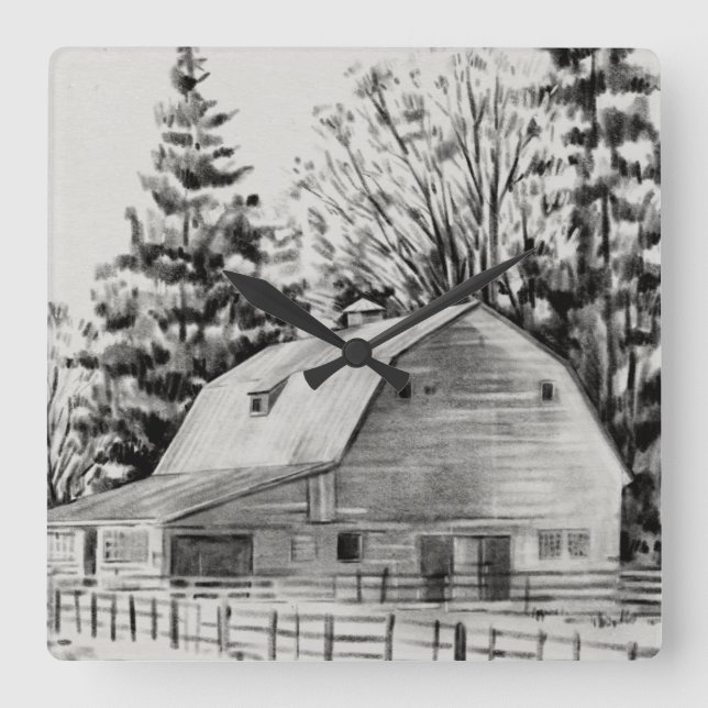 Distant Barn Sketch I Square Wall Clock (Front)