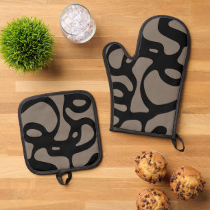 Distant Signals: Abstract Black & Grey Oven Mitt & Pot Holder Set