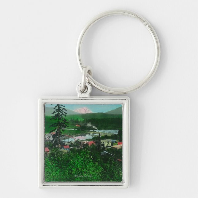 Distant View of Glacier Peak and Town Key Ring (Front)