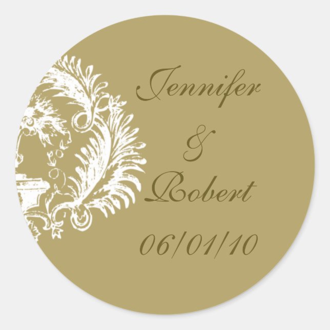 Distinction: Gold and White Damask Design Classic Round Sticker (Front)