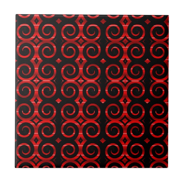 Distinctive Black Swirls (On Red) Ceramic Tile (Front)