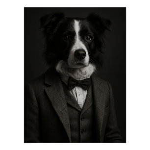 Distinguished Border Collie in Suit & Bowtie Poster