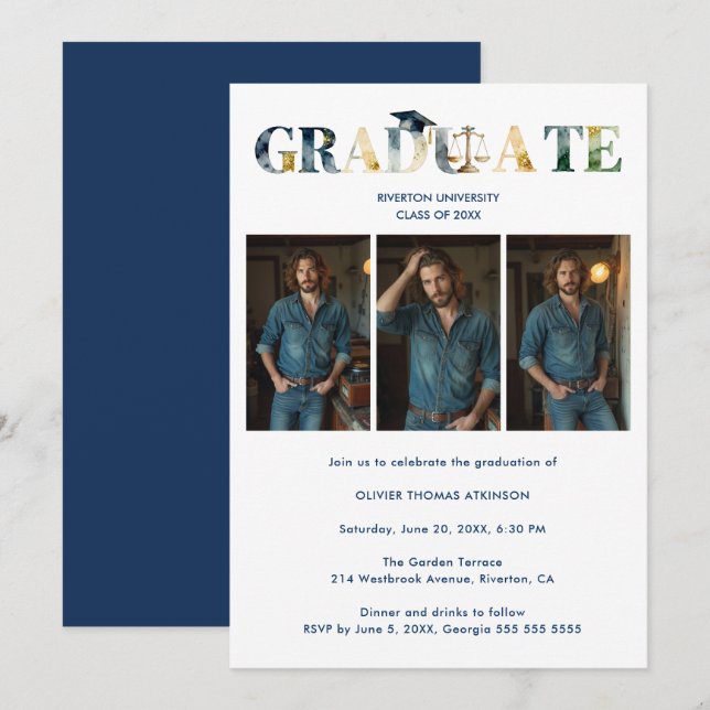 Distinguished Navy Blue Grad Law 3-Photo Layout Invitation (Front/Back)