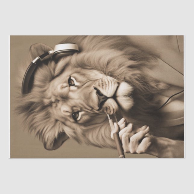 Distinguished Smoking Lion in headphones decoupage Tissue Paper (Front)